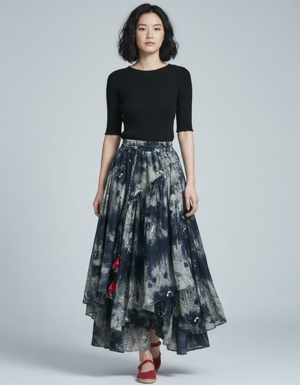 Jupe Longue Asymétrique Imprimé Fluide