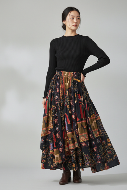 Jupe Longue Motif Floral Irrégulière Bohème