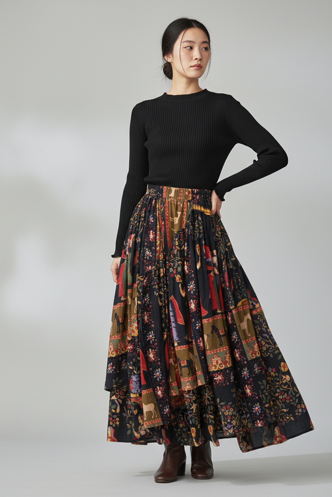 Jupe Longue Motif Floral Irrégulière Bohème