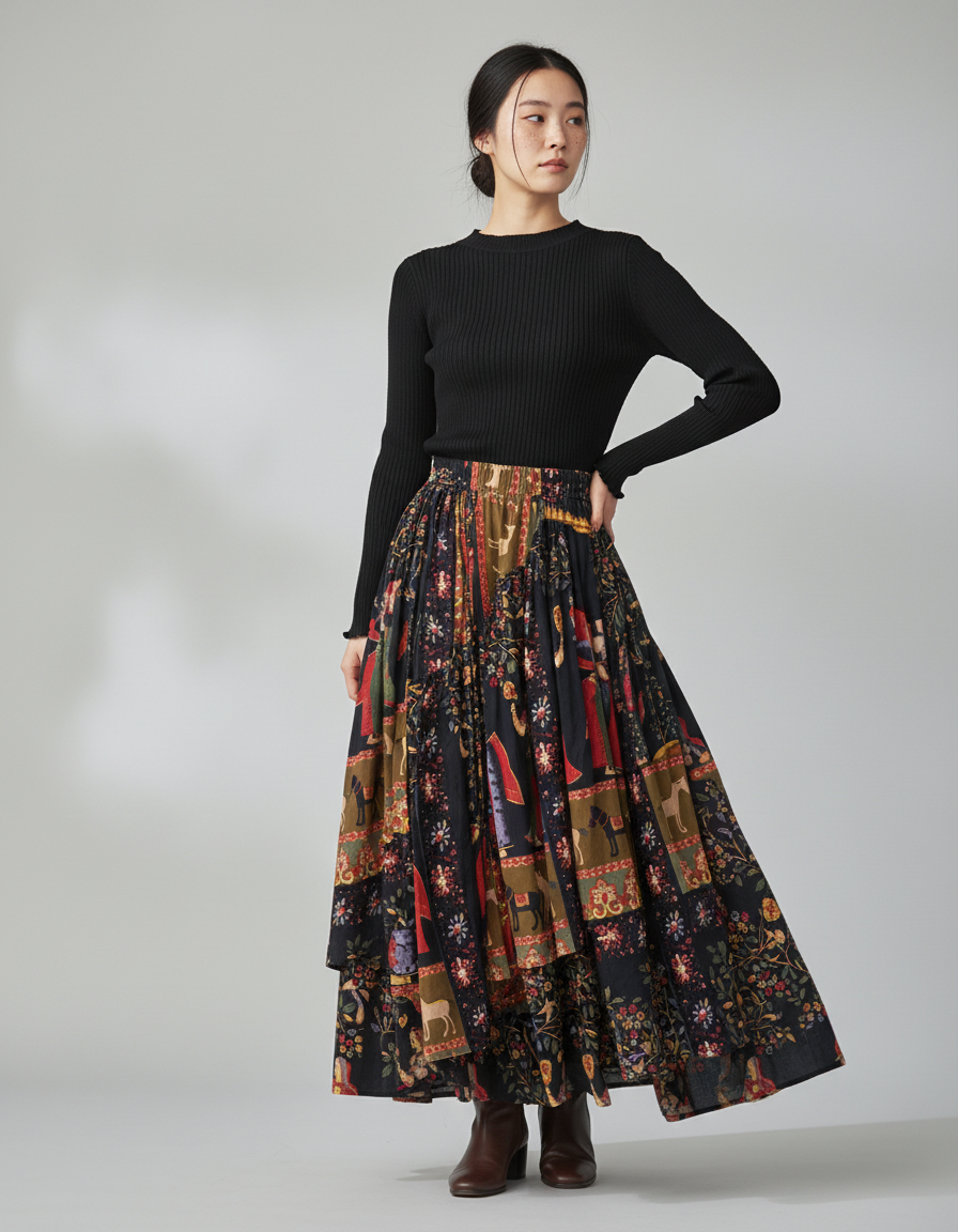 Jupe Longue Motif Floral Irrégulière Bohème