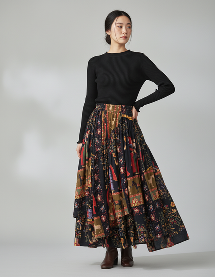 Jupe Longue Motif Floral Irrégulière Bohème