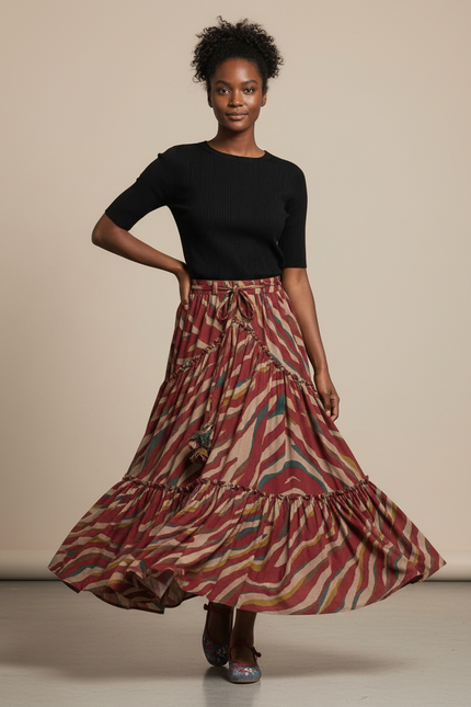Jupe Longue Imprimée Zèbre À Volants Bohème