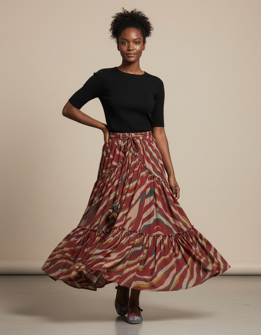 Jupe Longue Imprimée Zèbre À Volants Bohème