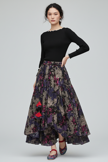 Jupe Longue Imprimé Floral Asymétrique Bohème