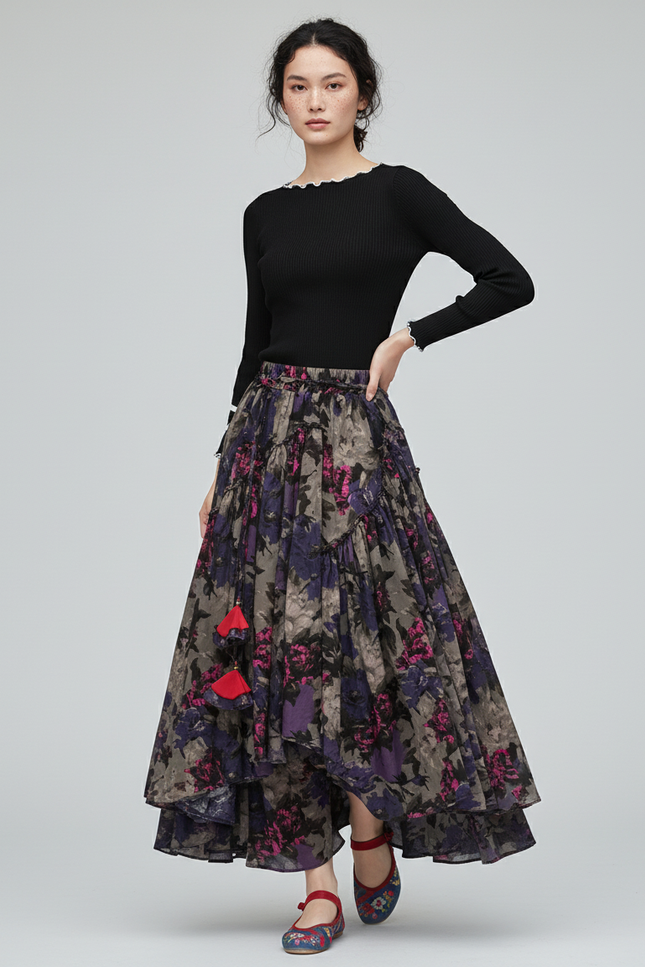 Jupe Longue Imprimé Floral Asymétrique Bohème