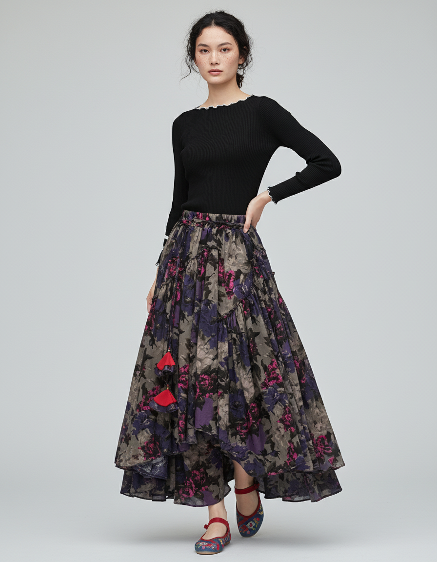 Jupe Longue Imprimé Floral Asymétrique Bohème