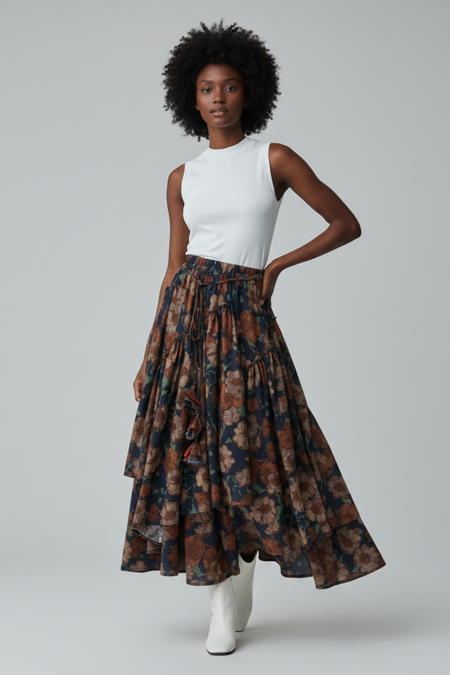 Jupe Longue Florale Asymétrique Bohème Femme