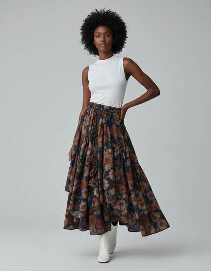 Jupe Longue Florale Asymétrique Bohème Femme