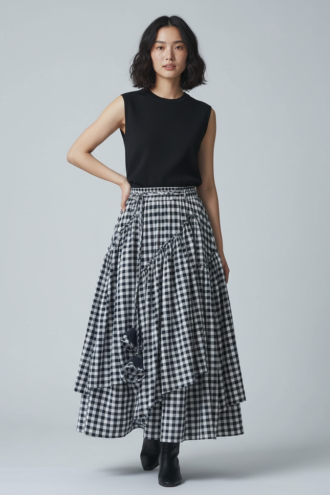 Jupe Longue Carreaux Vichy À Volants Rétro