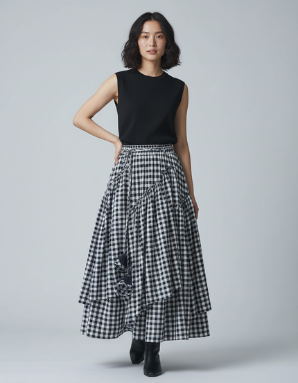 Jupe Longue Carreaux Vichy À Volants Rétro