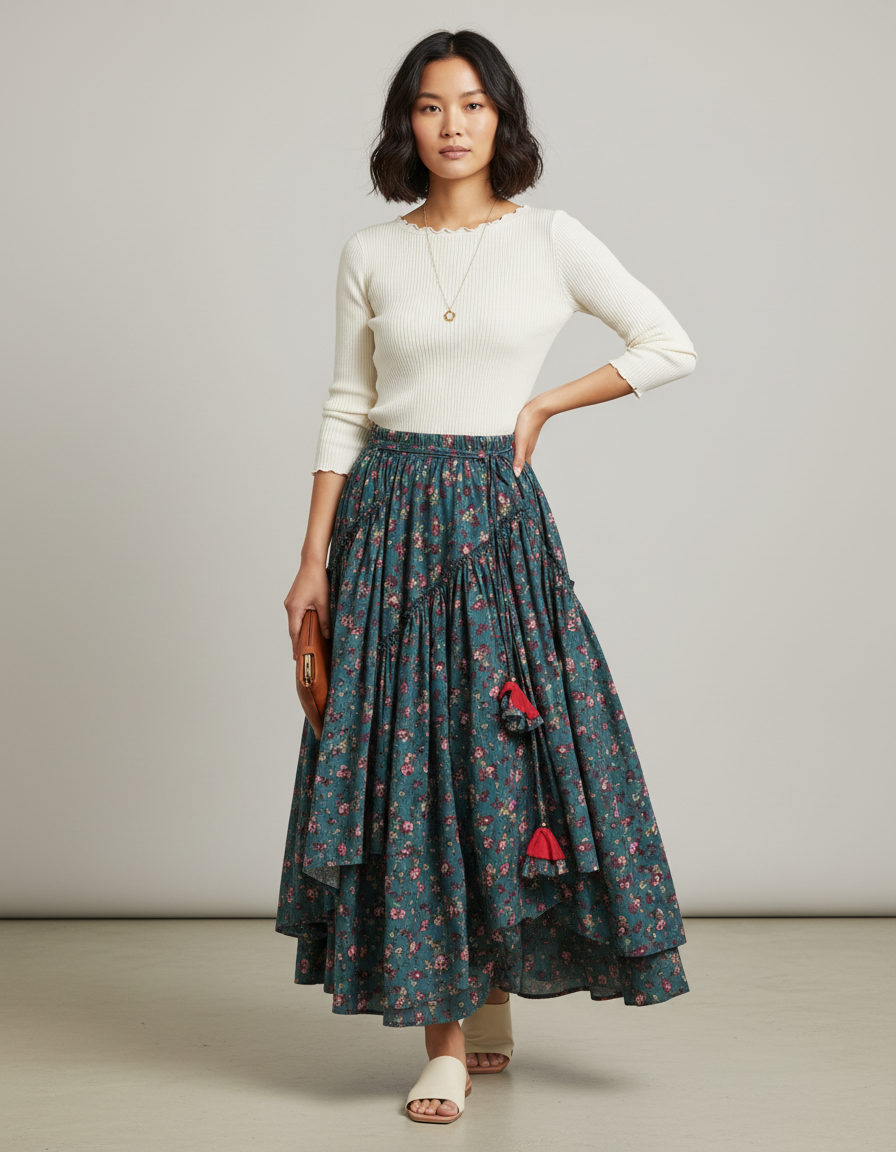 Jupe Longue Vert Fleuri Bohème