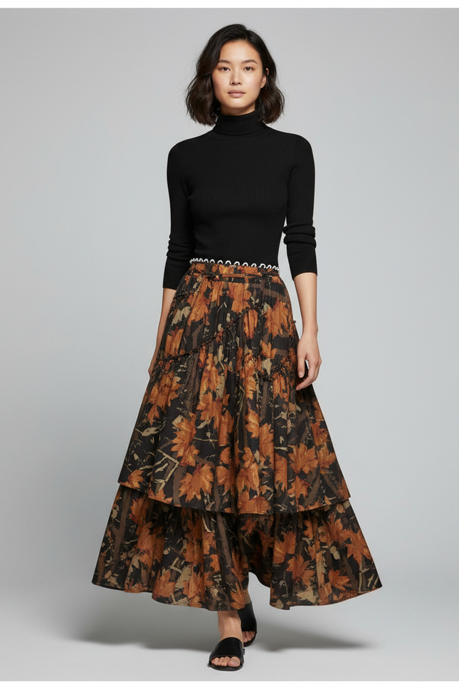 Jupe Longue Imprimé Floral À Volants Rétro