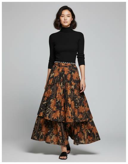 Jupe Longue Imprimé Floral À Volants Rétro