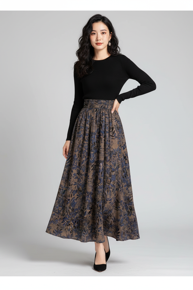 Jupe Longue Imprimée Florale Taille Haute Décontractée