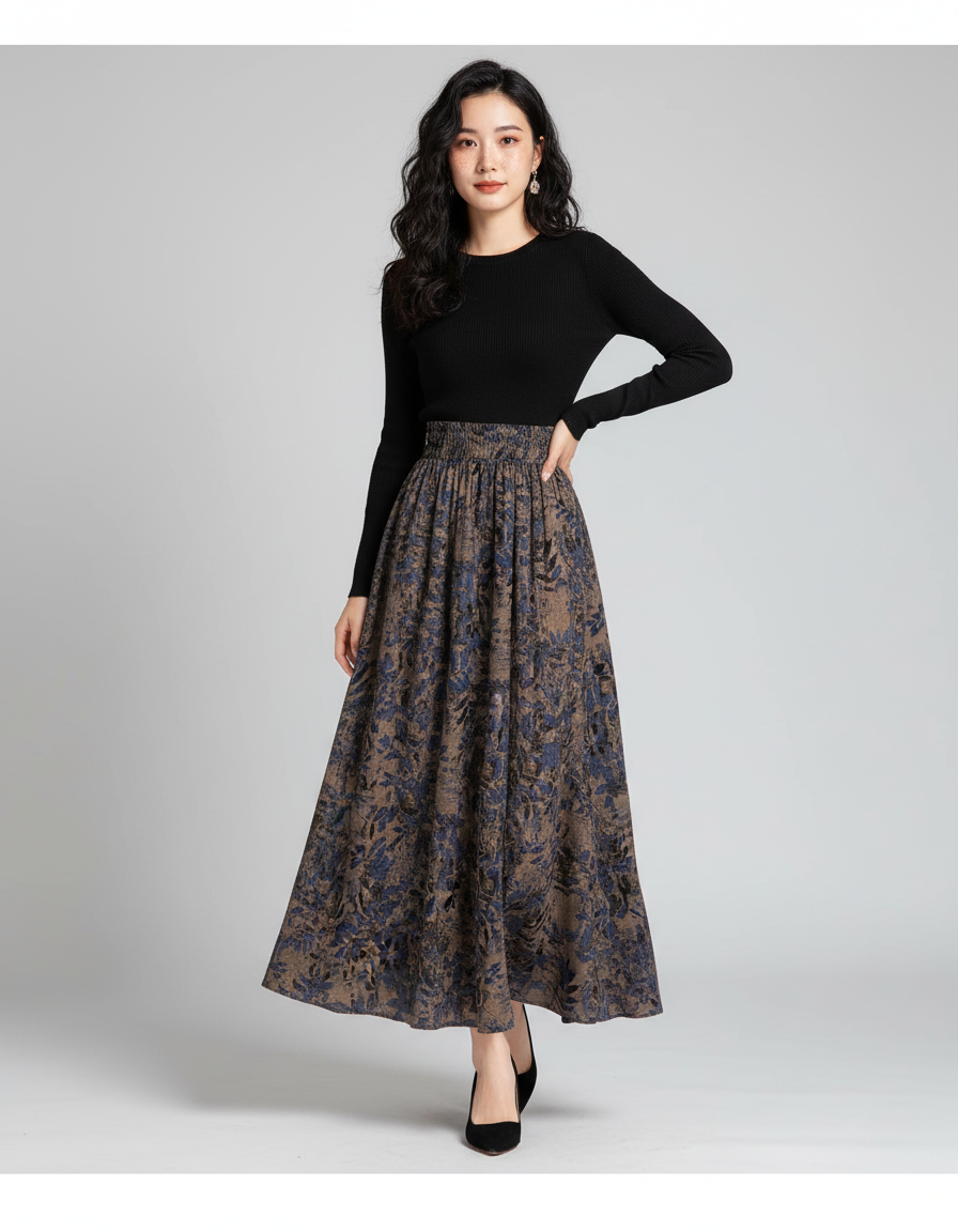 Jupe Longue Imprimée Florale Taille Haute Décontractée