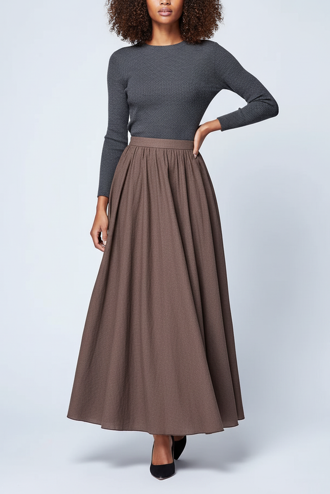 Jupe Longue Marron Évasée Fluide
