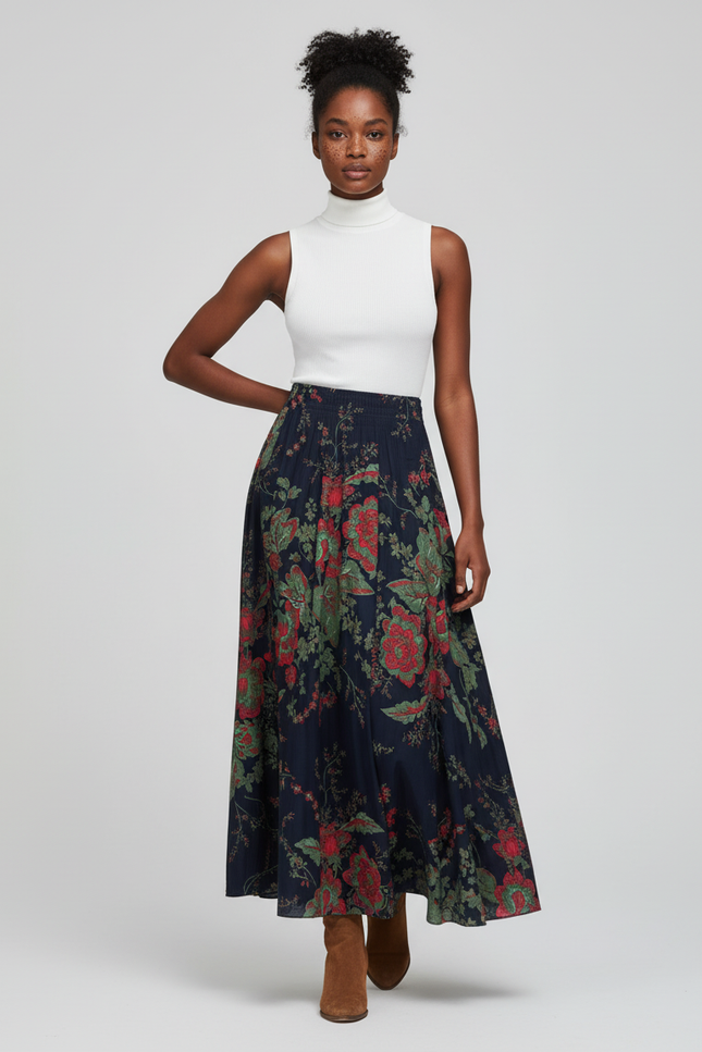 Jupe Longue Imprimé Floral Bleu Marine Vintage