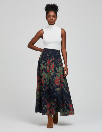 Jupe Longue Imprimé Floral Bleu Marine Vintage