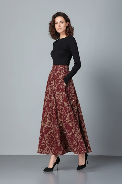 Jupe Longue Motif Floral Bordeaux Élégante