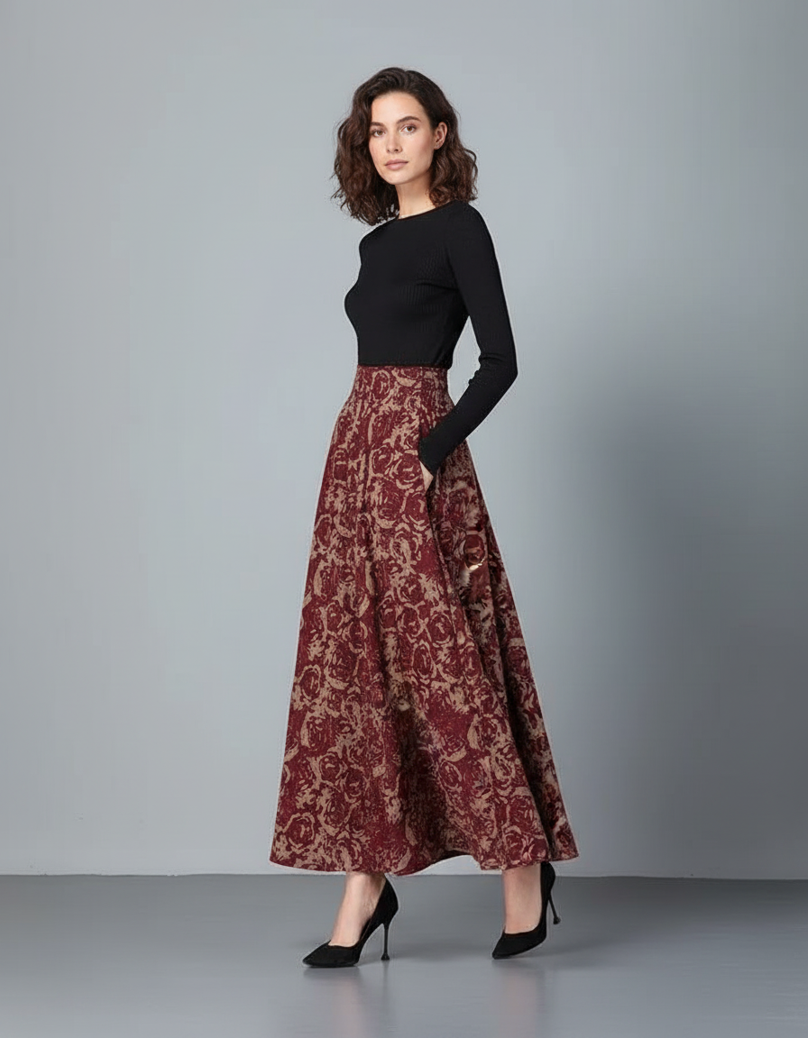 Jupe Longue Motif Floral Bordeaux Élégante