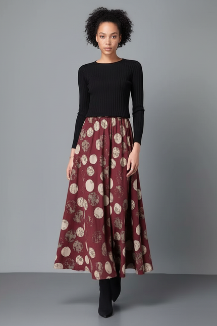 Jupe Longue Bordeaux Imprimée Cercles Fluide