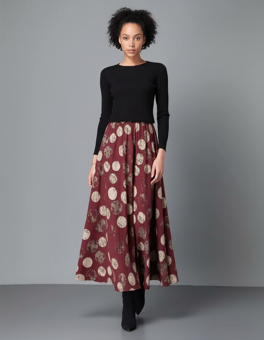 Jupe Longue Bordeaux Imprimée Cercles Fluide