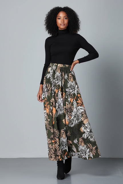 Jupe Longue Kaki Imprimée Florale Bohème
