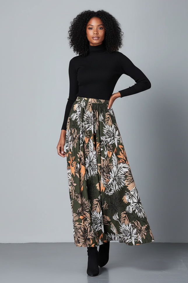 Jupe Longue Kaki Imprimée Florale Bohème