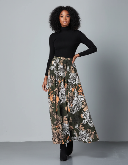 Jupe Longue Kaki Imprimée Florale Bohème