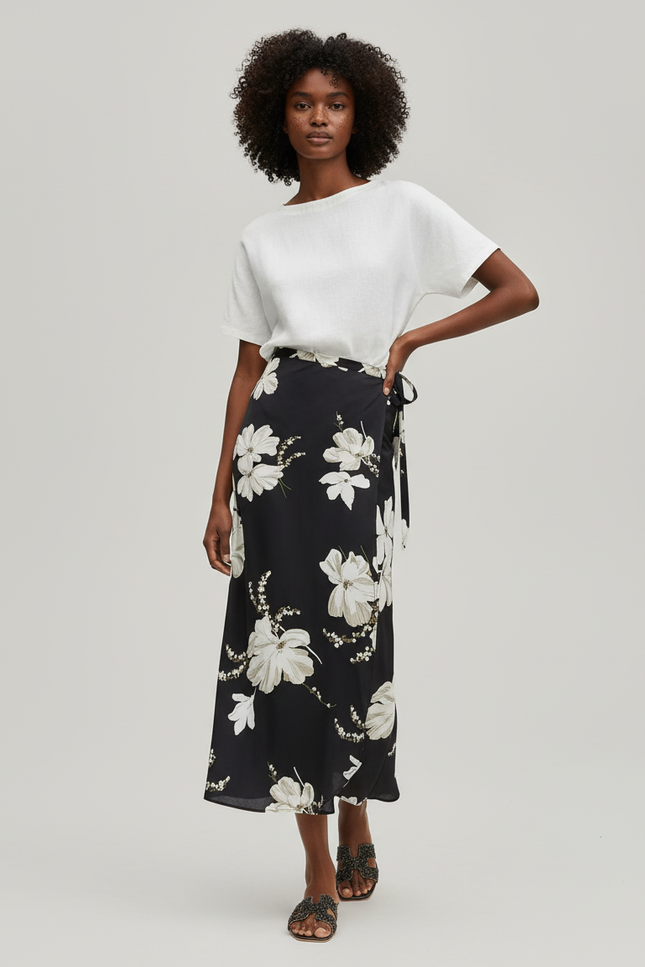 Jupe Longue Noir Fleur Blanche