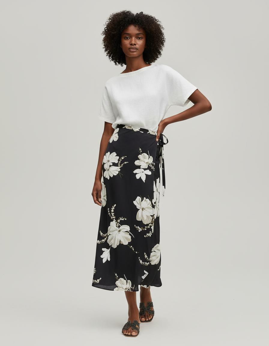 Jupe Longue Noir Fleur Blanche
