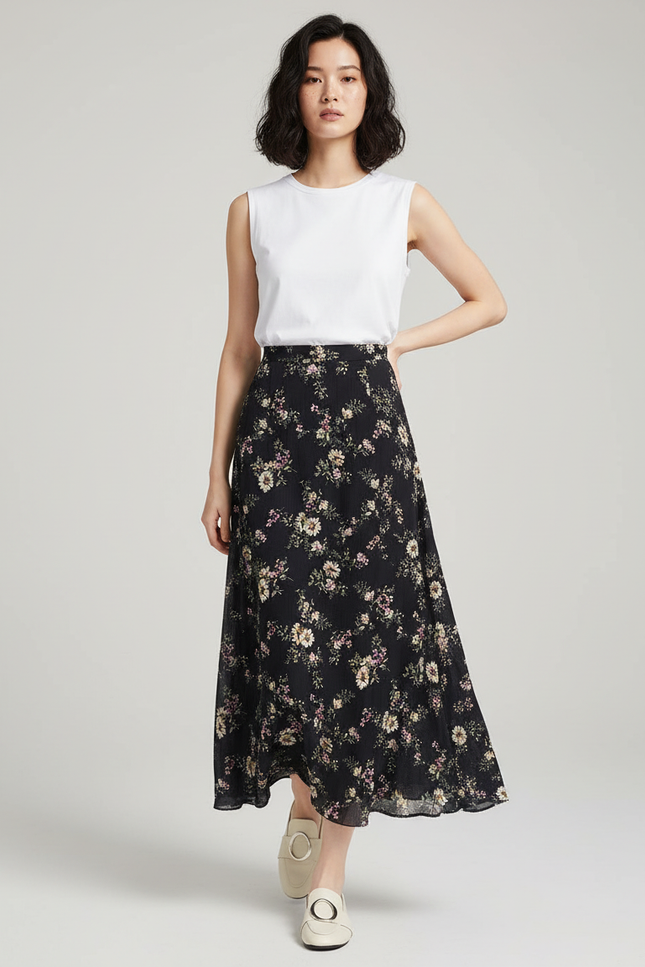 Jupe Longue Noire Florale Fluide Bohème