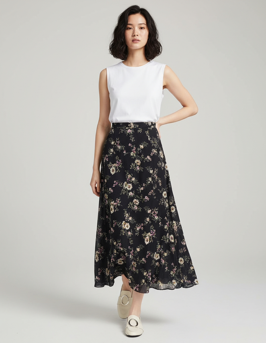 Jupe Longue Noire Florale Fluide Bohème