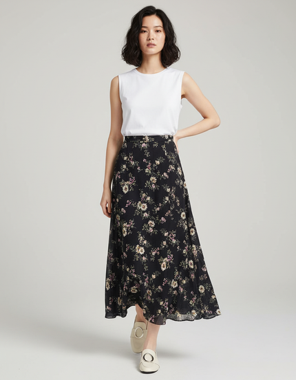 Jupe Longue Noire Florale Fluide Bohème