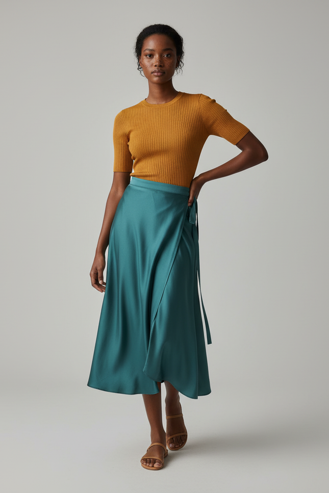 Jupe Longue Turquoise Portefeuille Fluide