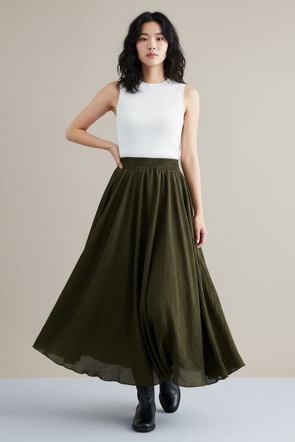 Jupe Longue Vert Kaki Fluide Bohème