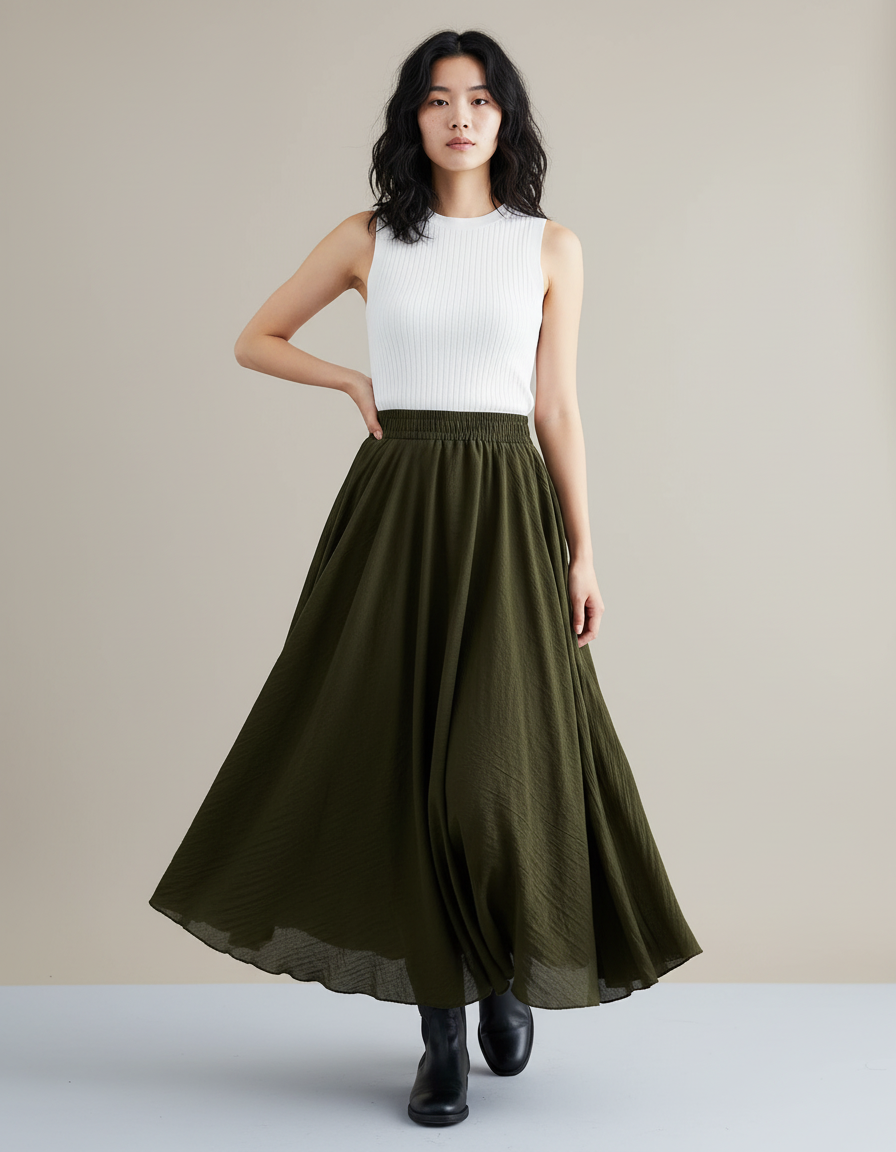 Jupe Longue Vert Kaki Fluide Bohème