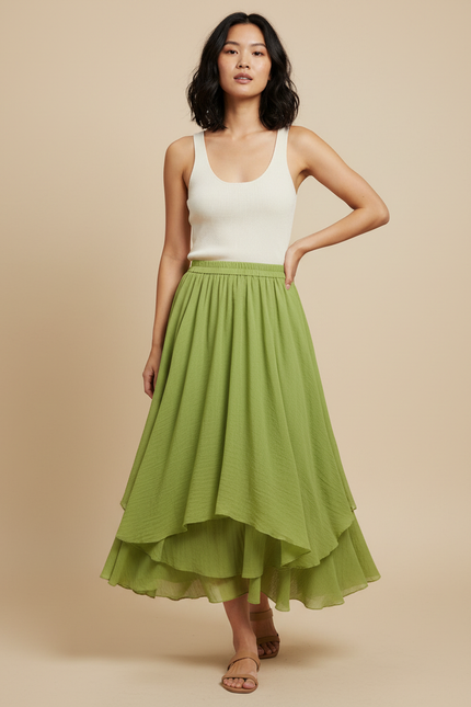 Jupe Longue Verte Étagée Fluide