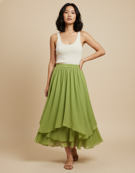 Jupe Longue Verte Étagée Fluide