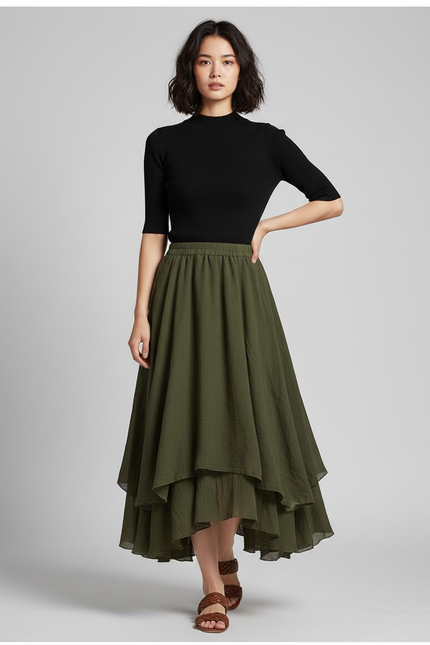 Jupe Longue Kaki Fluide Élégante