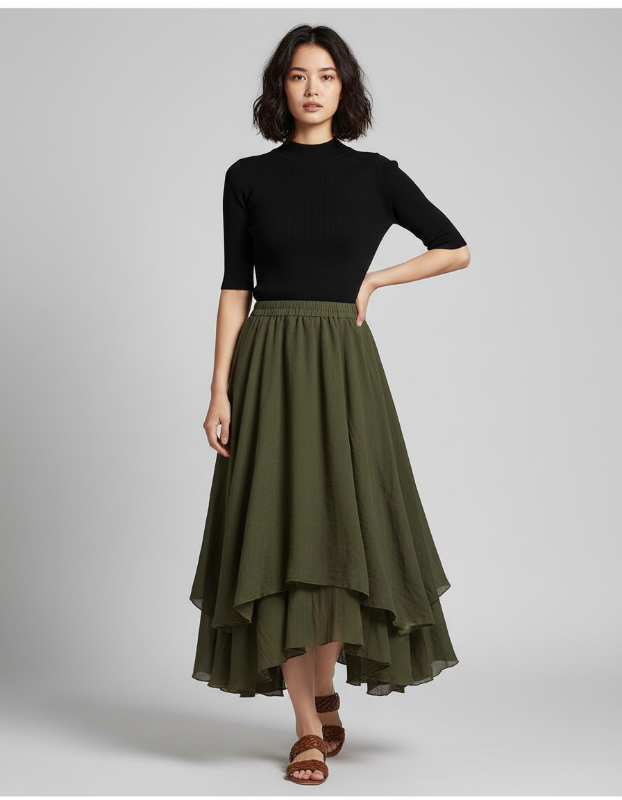 Jupe Longue Kaki Fluide Élégante