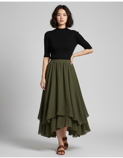 Jupe Longue Kaki Fluide Élégante