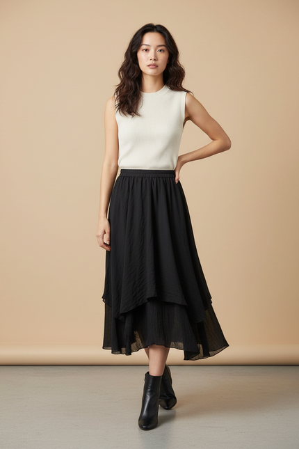 Jupe Longue Noire Superposée Élégante