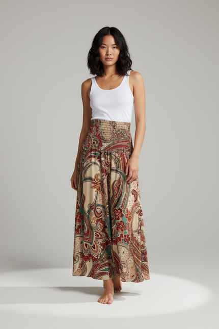 Jupe Longue Bohème Motif Floral Smockée