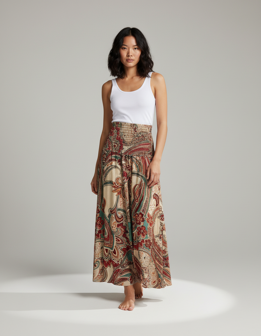 Jupe Longue Bohème Motif Floral Smockée