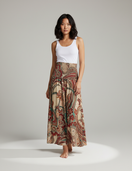 Jupe Longue Bohème Motif Floral Smockée