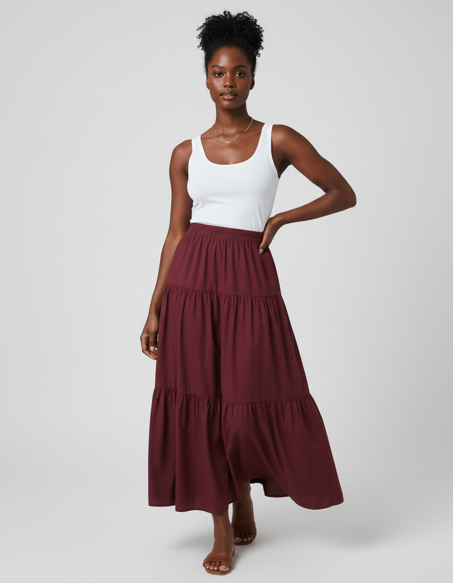Jupe Longue Bordeaux Volants Fluide
