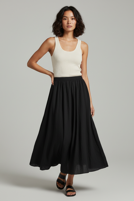 Jupe Longue Noire Coton-Lin Fluide
