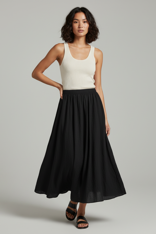 Jupe Longue Noire Coton-Lin Fluide