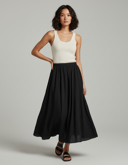 Jupe Longue Noire Coton-Lin Fluide